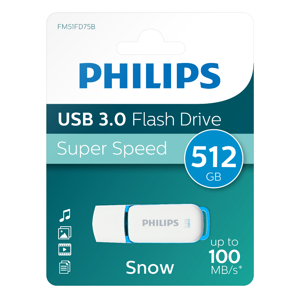 Witte en blauwe Philips USB 3.0 flash drive met de tekst '512 GB' en een productlabel.