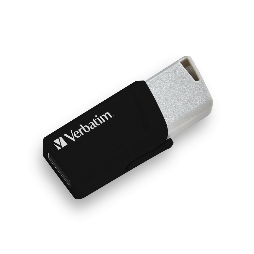 Czarny i szary pendrive Verbatim na białym tle.