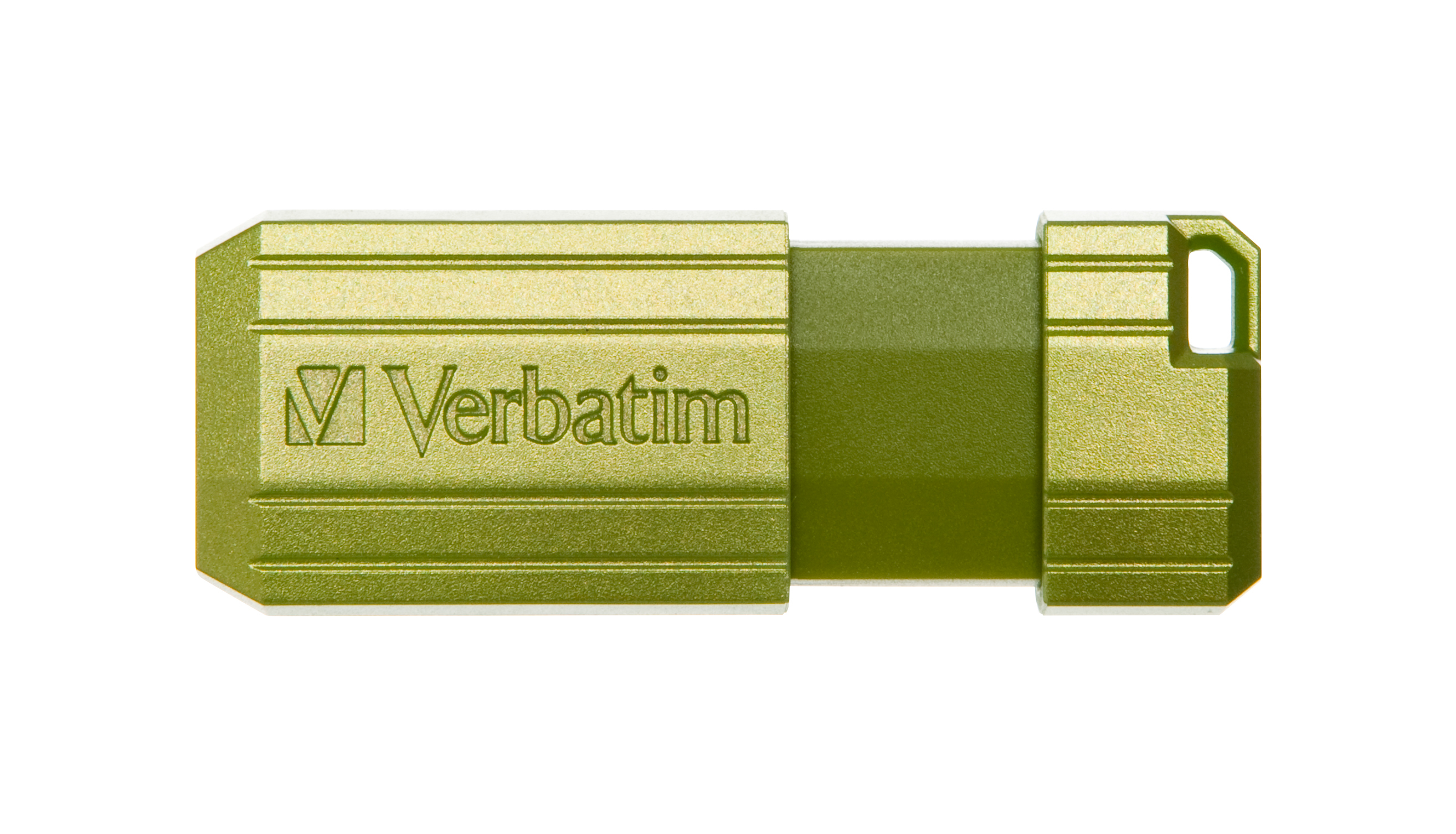Un'unità USB Verbatim verde oliva con un design a scomparsa, su sfondo bianco.