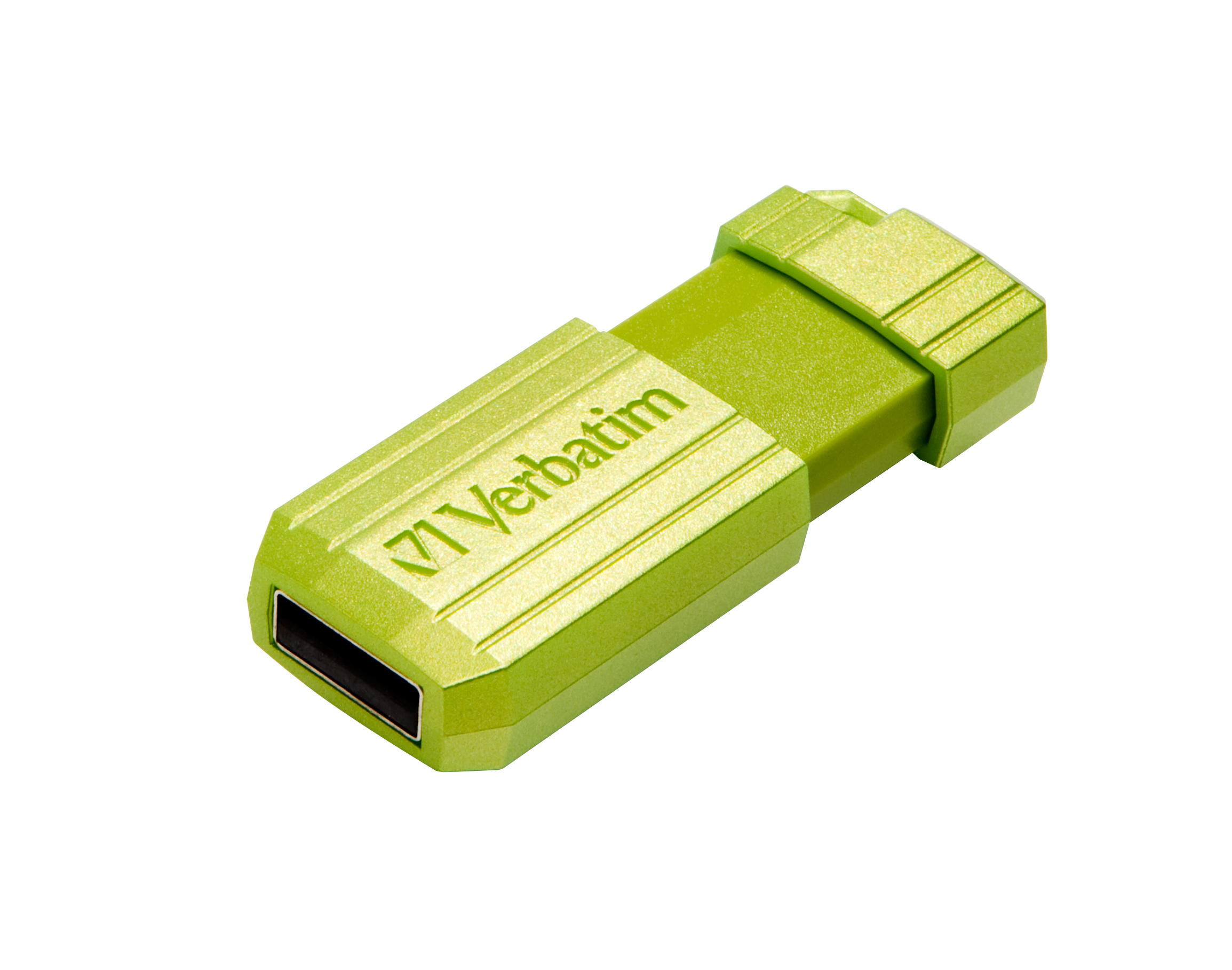 Chiavetta USB Verbatim verde. Forma rettangolare, con il logo Verbatim stampato.