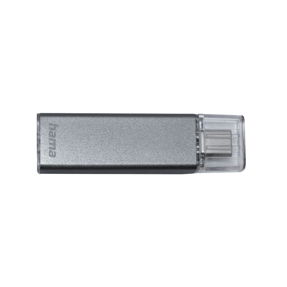Srebrny pendrive USB-C na białym tle.