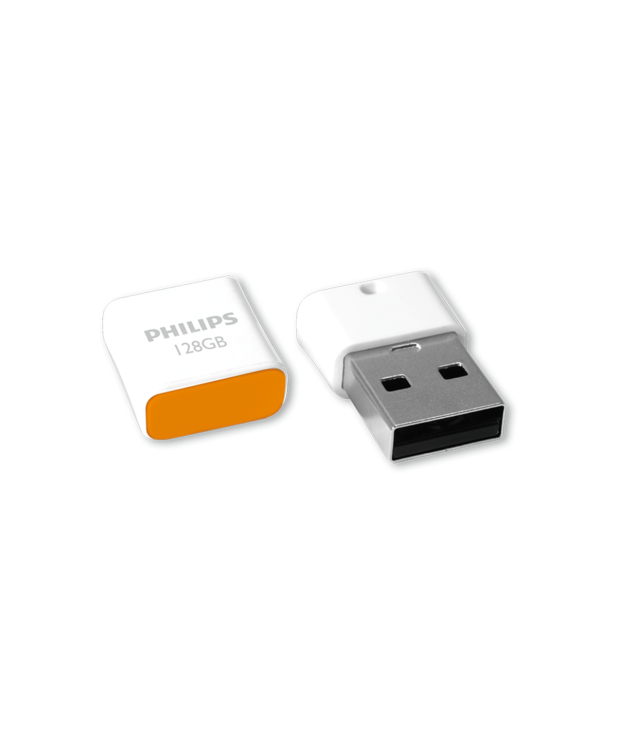 Biały i pomarańczowy pendrive USB. Marka to Philips, 128 GB.