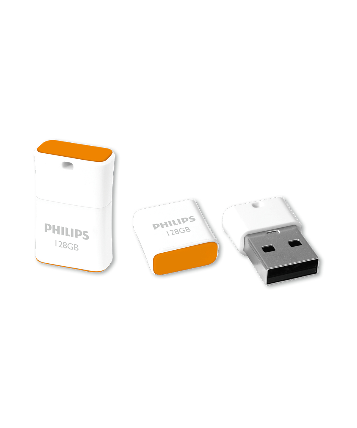 Trzy biało-pomarańczowe pendrive'y USB. Każdy ma markę Philips.