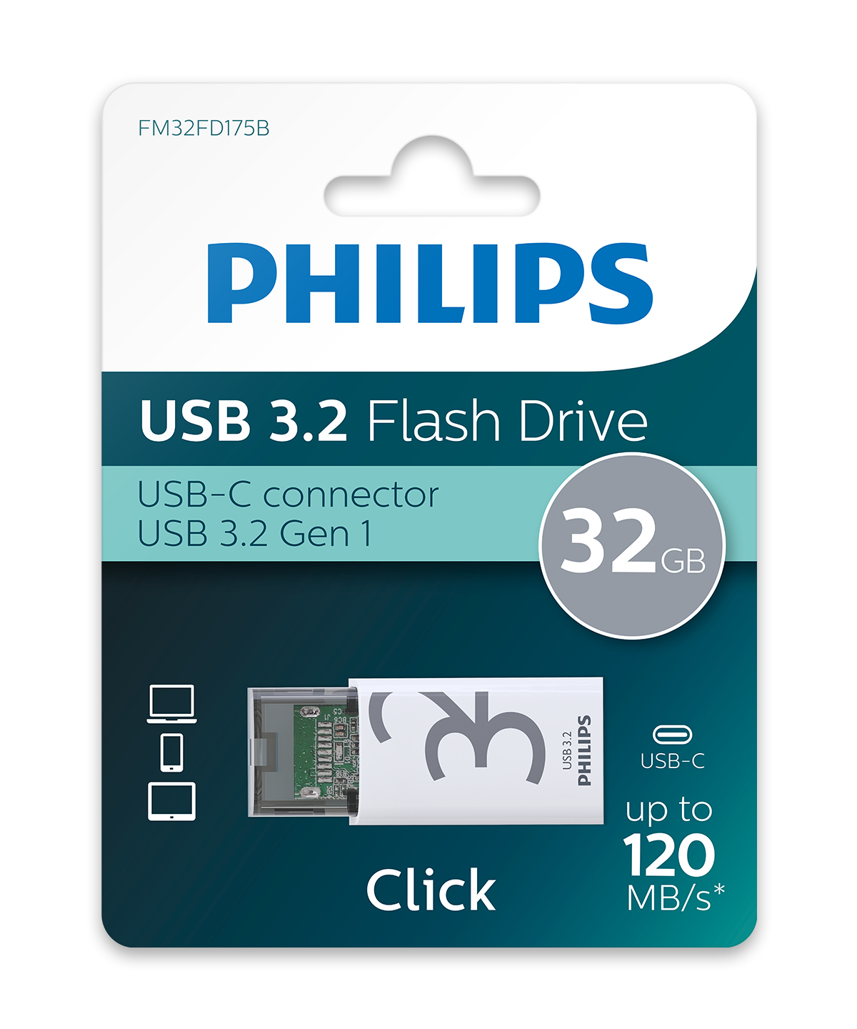 Dysk flash USB 3.2 Philips w opakowaniu, biało-szary.