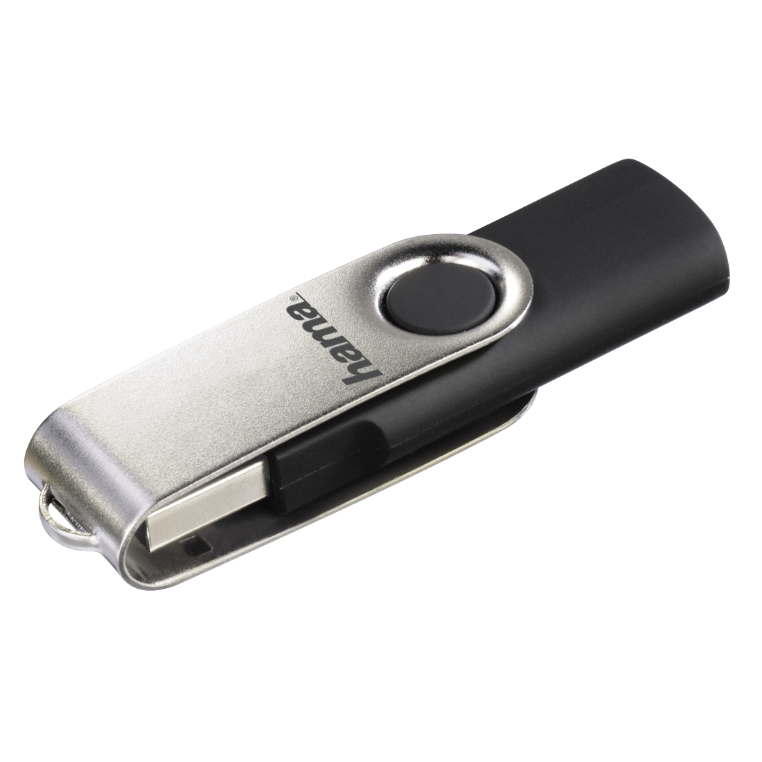 Silberner und schwarzer USB-Stick. Die Marke „hama“ ist sichtbar. Der Hintergrund ist weiß.