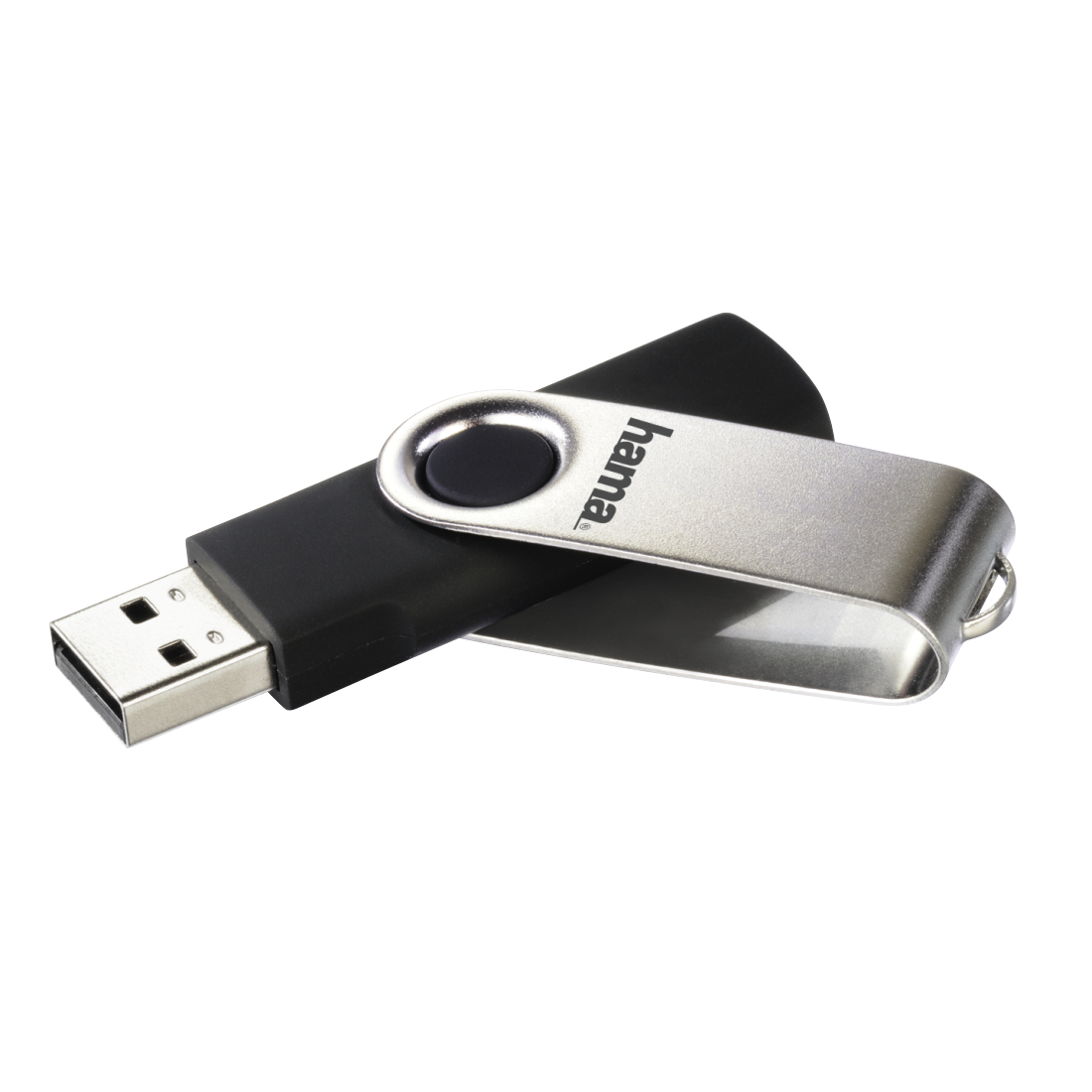 Ein schwarz-silberner USB-Stick. Der silberne Teil ist drehbar. Hama ist darauf gedruckt.