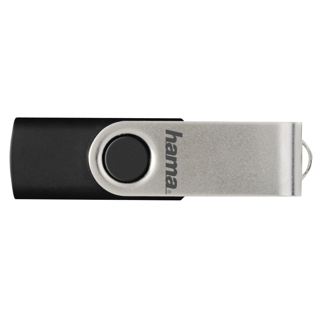 Schwarz-silberner USB-Stick. Die Marke Hama ist aufgedruckt.