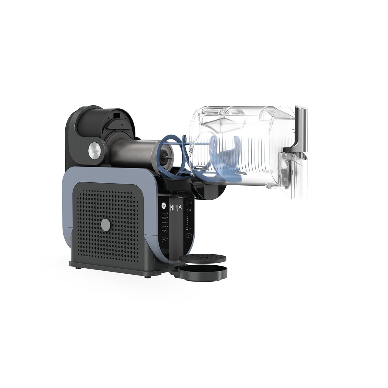 Szare i czarne urządzenie kuchenne Ninja z dołączonym pojemnikiem na wodę, na białym tle.