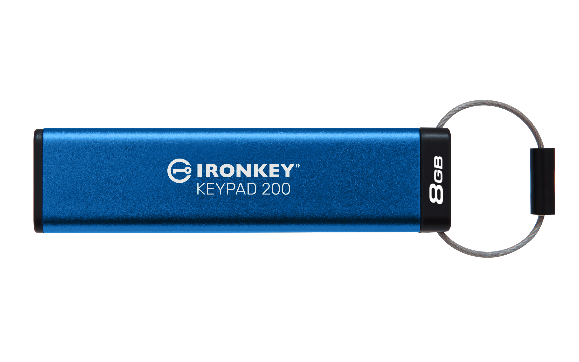 Niebieski pendrive USB Ironkey z brelokiem.