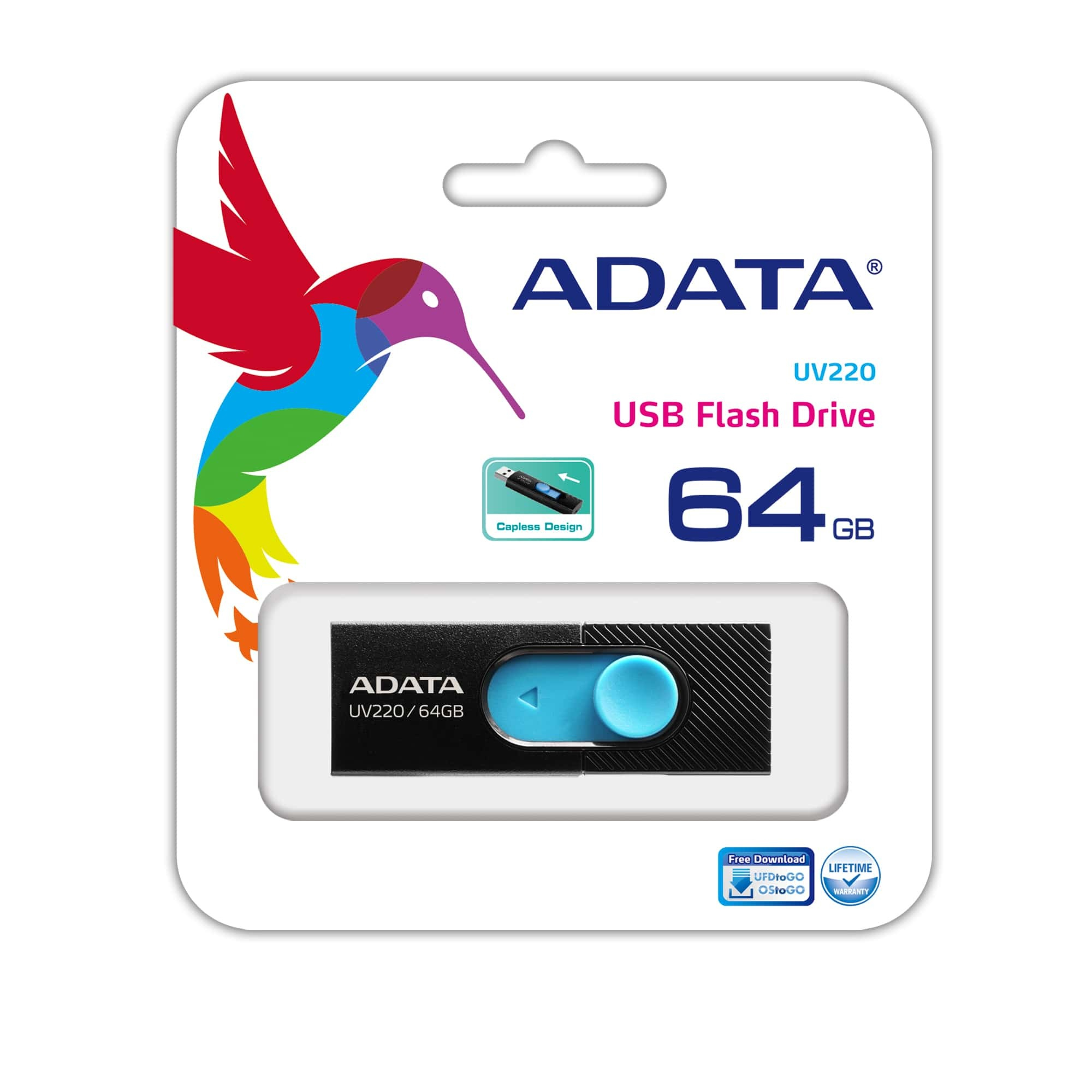 Dysk USB ADATA w opakowaniu, z logo kolibra i etykietą 64 GB.