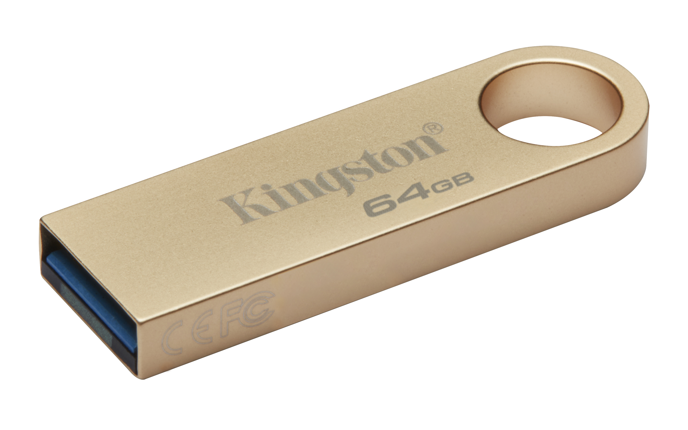 Złoty pendrive Kingston 64GB USB. Posiada metalową pętlę i niebieskie złącze USB.