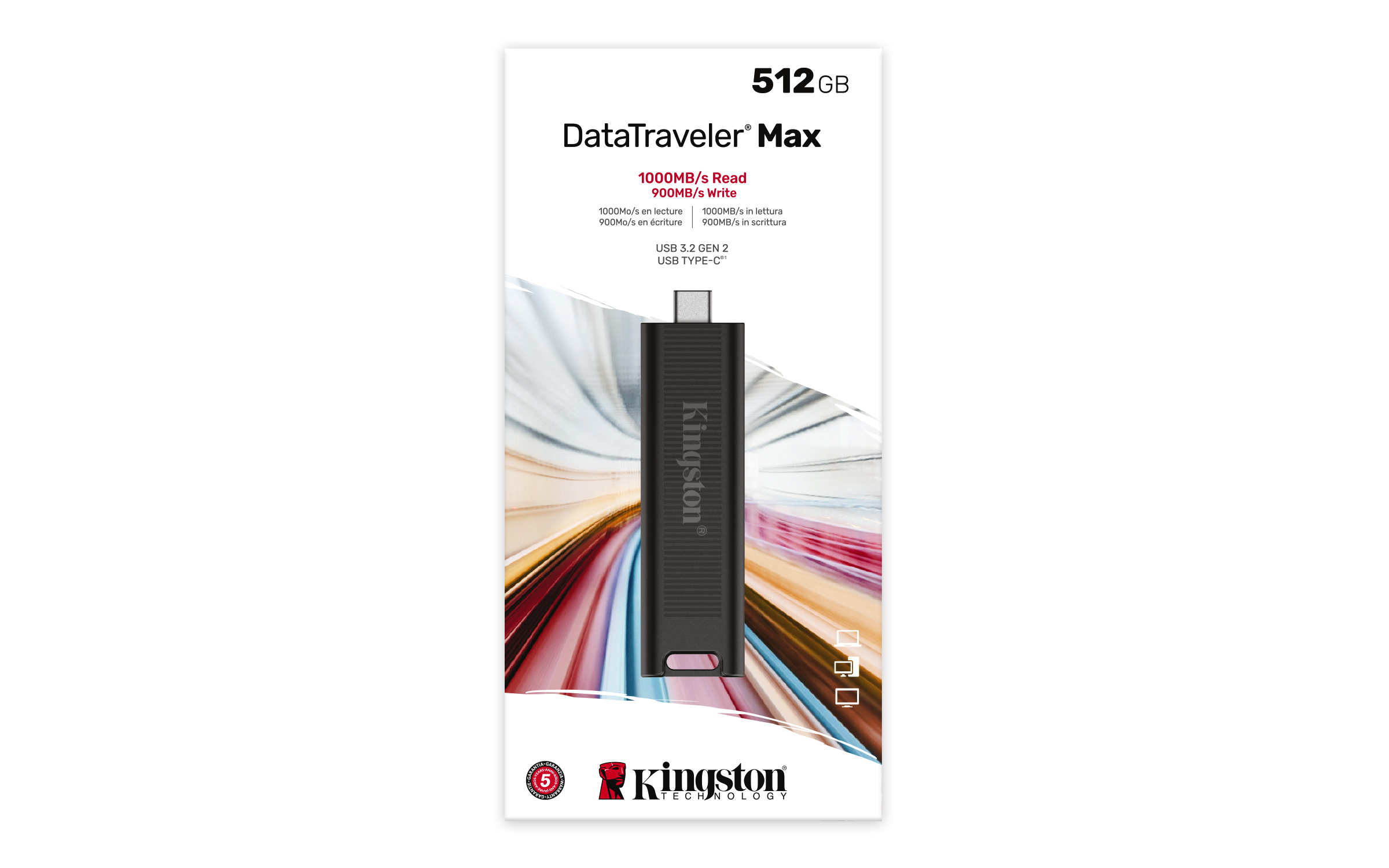 Pamięć flash USB Kingston DataTraveler Max 512 GB w opakowaniu.