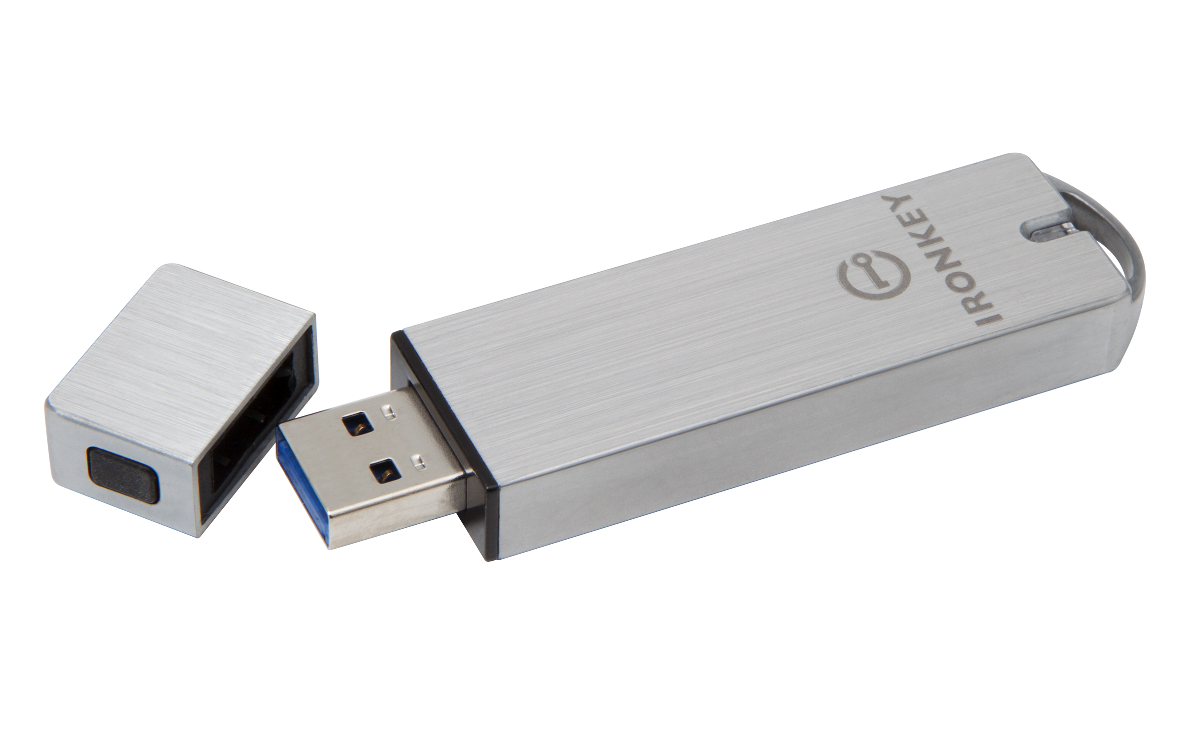 Srebrny pendrive Ironkey z nasadką. Pendrive na białym tle, nasadka otwarta.