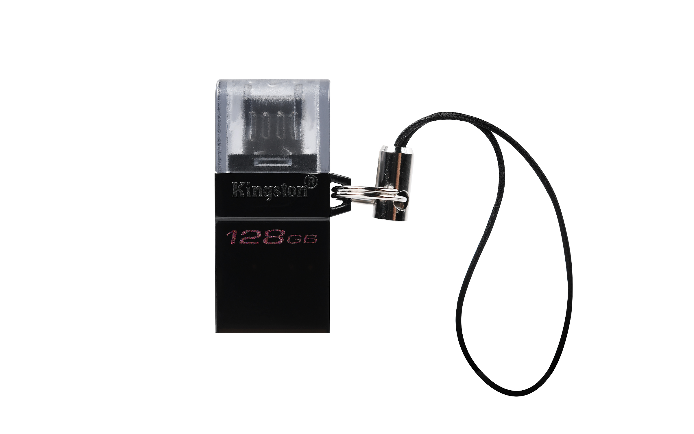 Un'unità USB Kingston da 128 GB nera con cinturino e cappuccio trasparente.