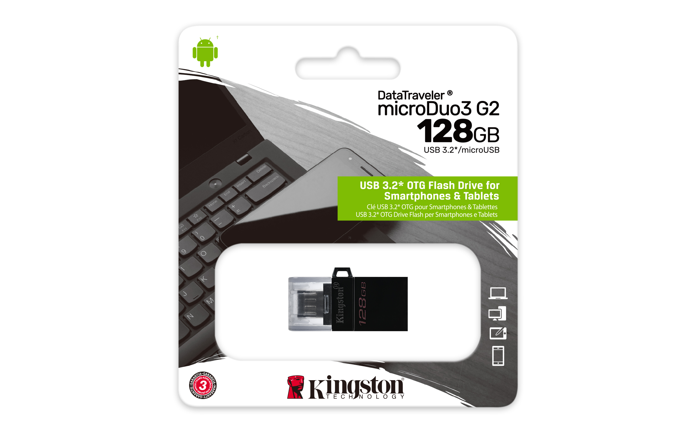 Chiavetta USB Kingston nella confezione, con grafica di laptop e telefono.