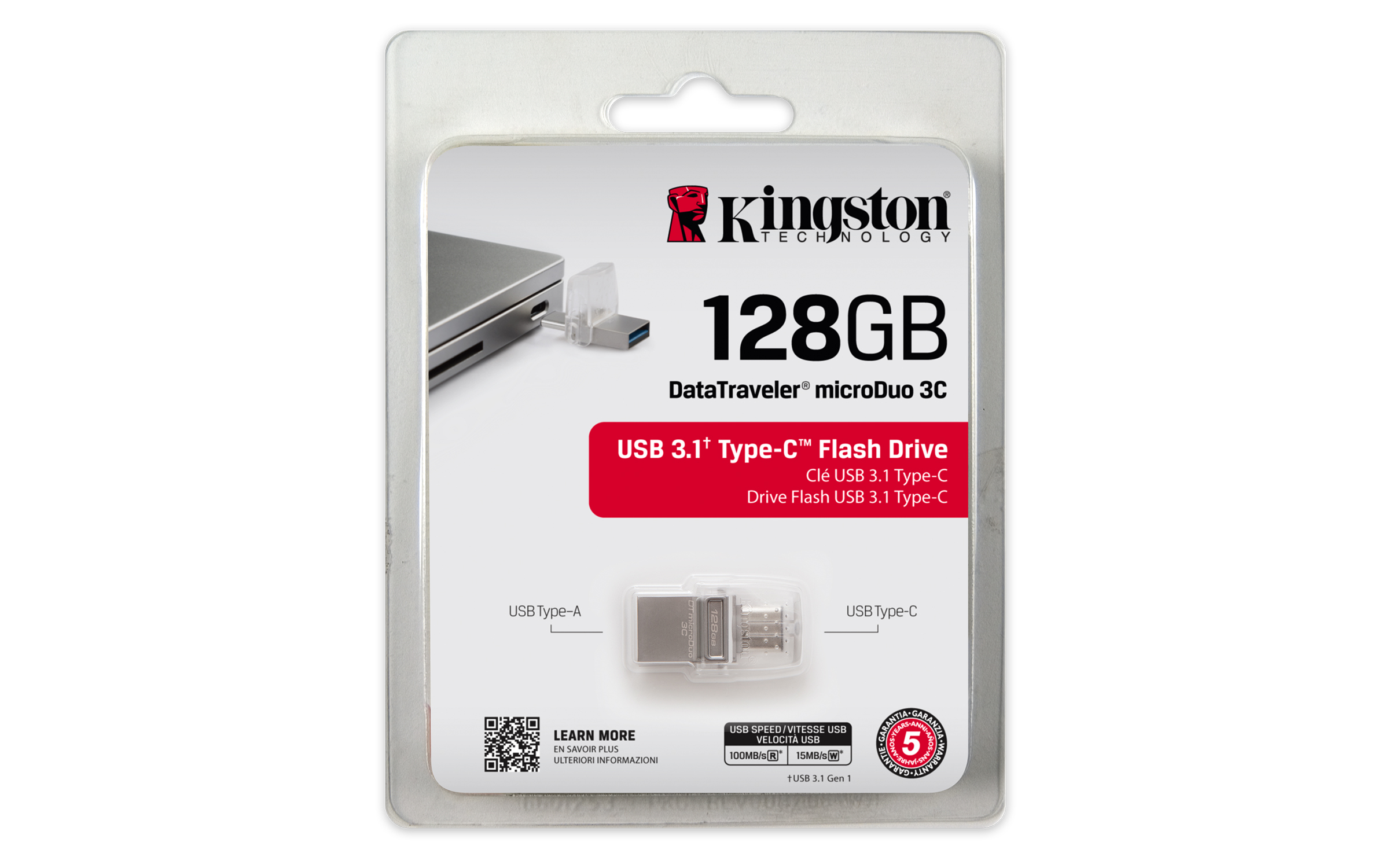 Confezione unità flash USB Kingston da 128 GB, rossa e bianca, con USB Type-C.