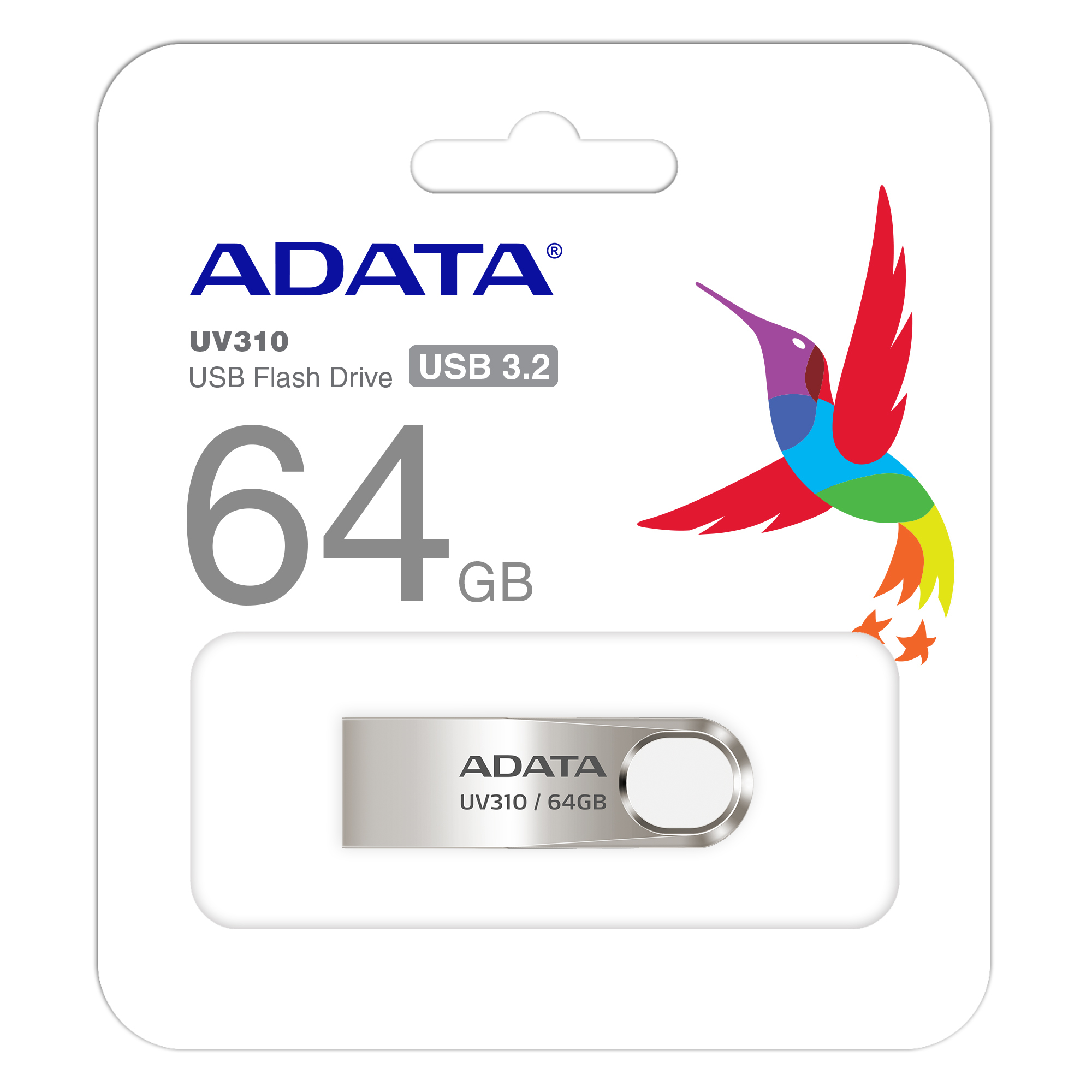 Pendrive ADATA w opakowaniu, z kolorową grafiką ptaka i napisem '64 GB'.