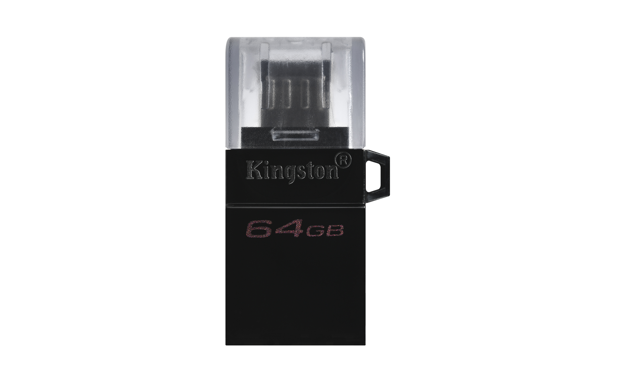 Unità USB Kingston 64GB nera con un cappuccio protettivo trasparente. Il logo Kingston è visibile.
