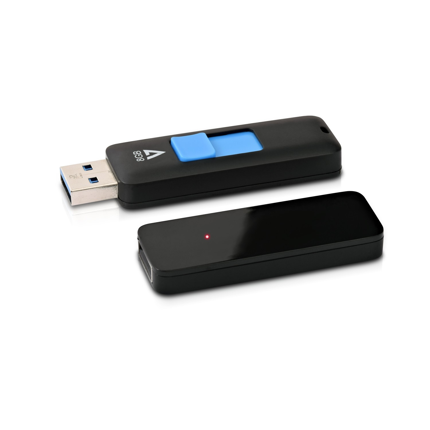 Schwarzer USB-Stick und separate schwarze Hülle.