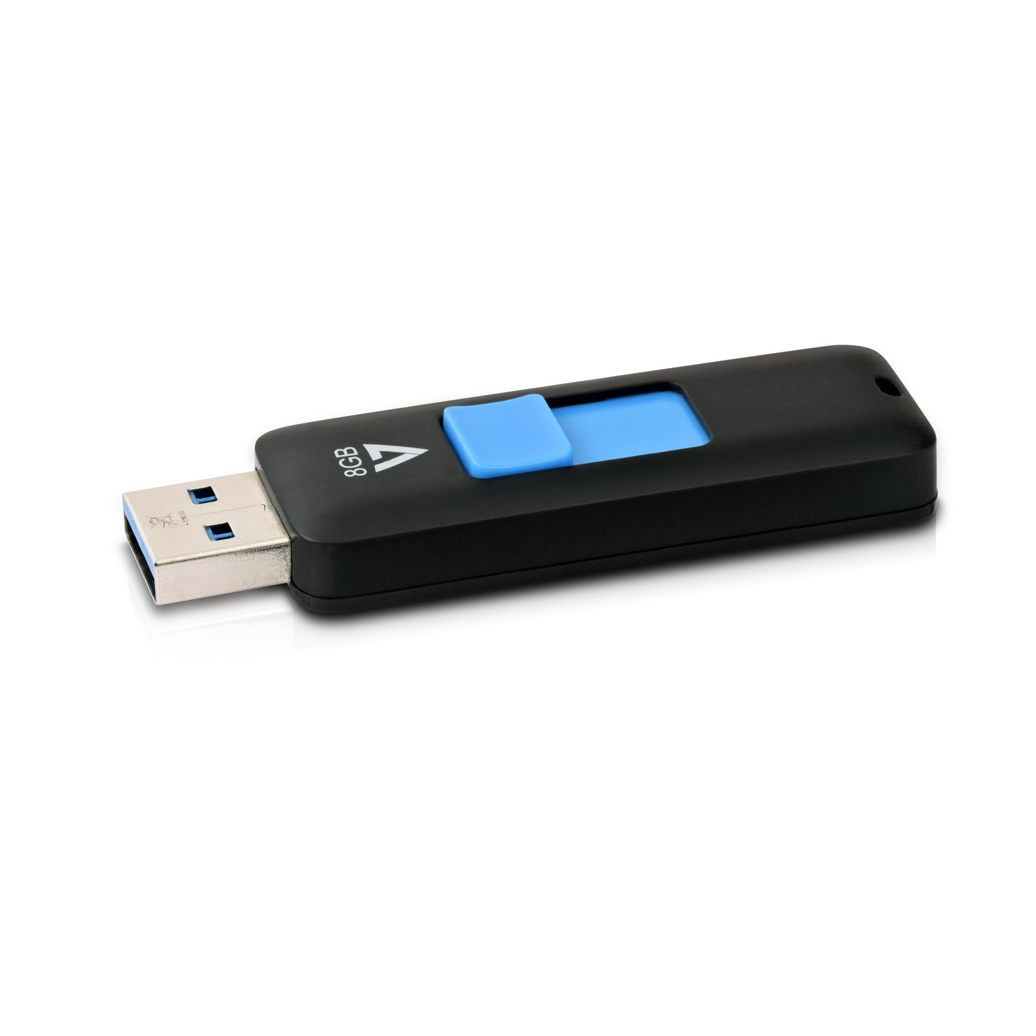 Schwarzer USB-Stick mit blauem Knopf und der Aufschrift 8GB.