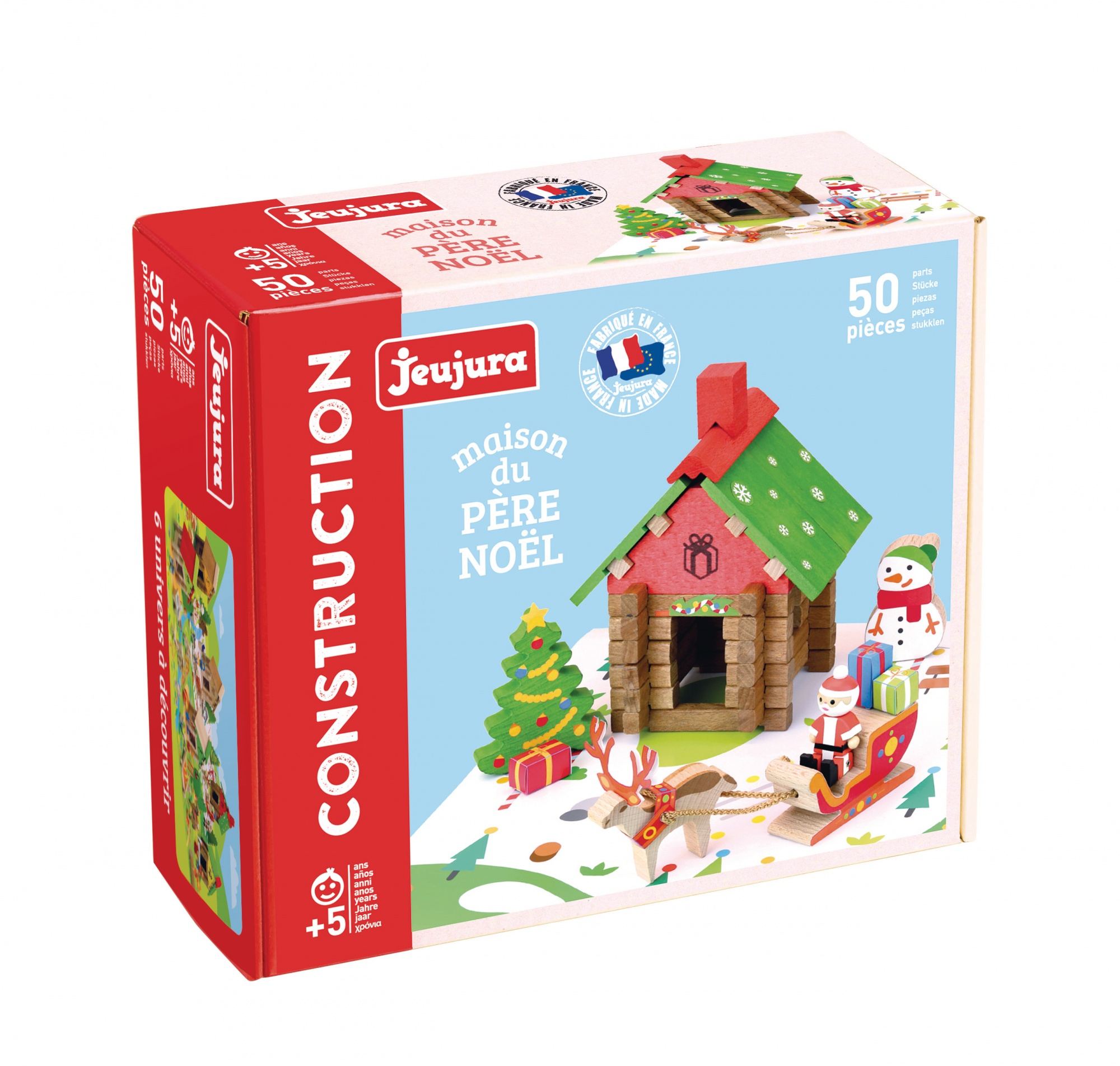Scatola di blocchi di legno a tema natalizio con casa, alberi e figure.