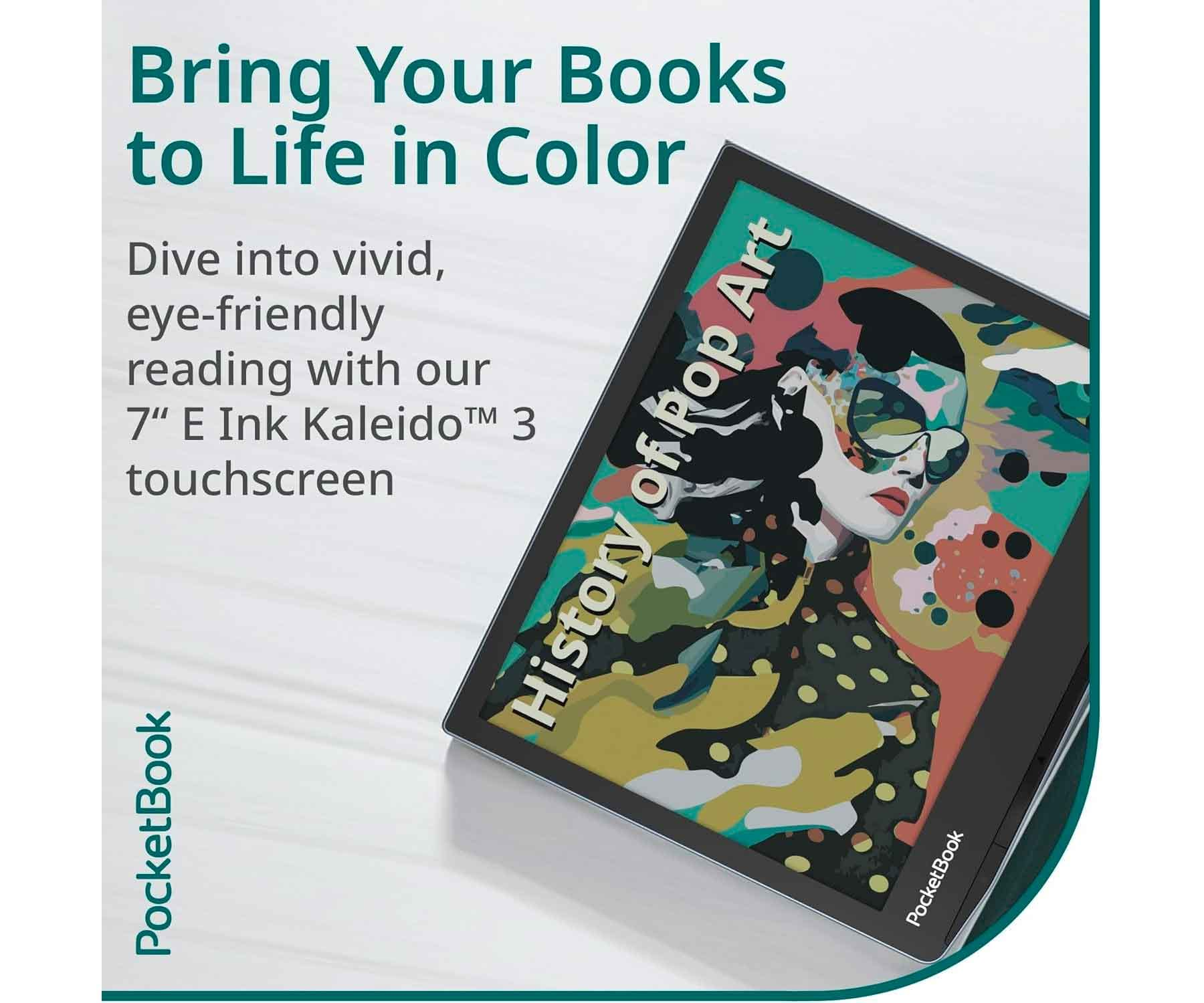 Czytnik PocketBook wyświetlający kolorową okładkę 'History of Pop Art'. Tekst: 'Daj życie swoim książkom'.