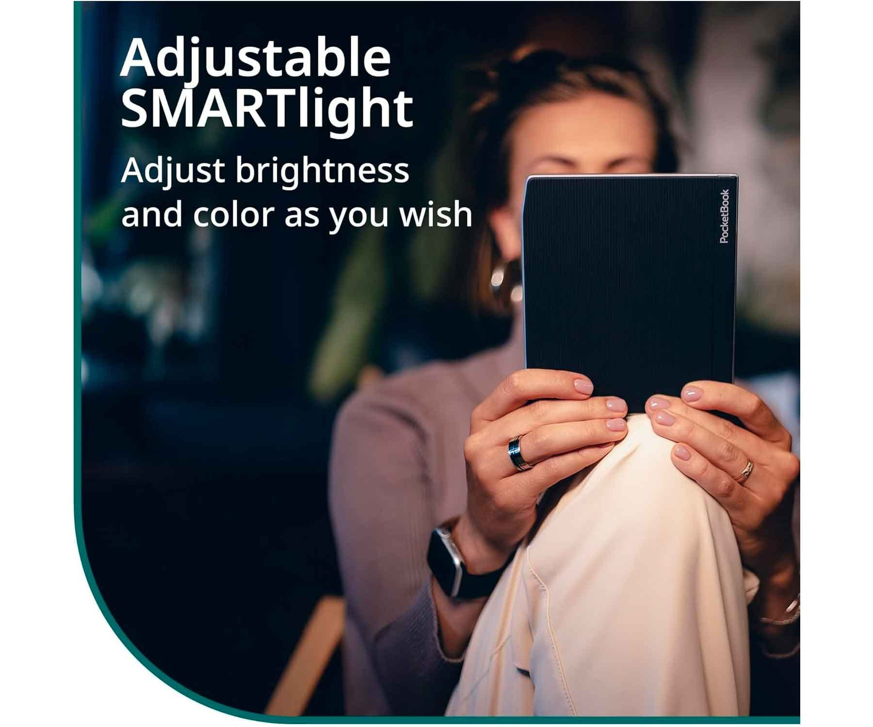 Osoba trzymająca czarny czytnik e-booków. Tekst: Adjustable SmartLight. Dostosuj jasność i kolor.