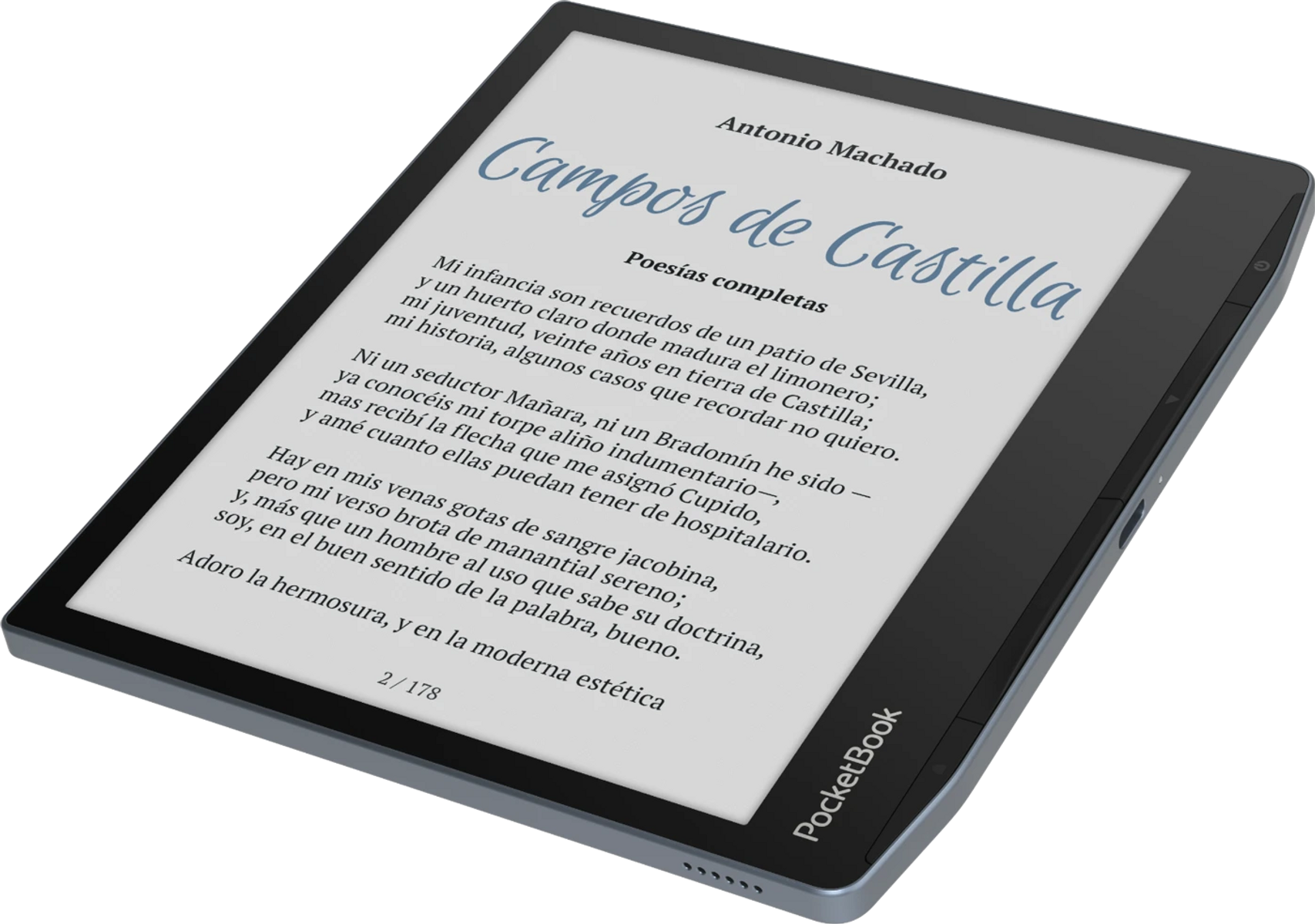 Czytnik e-booków pokazujący książkę Antonio Machado. Tekst jest po hiszpańsku.