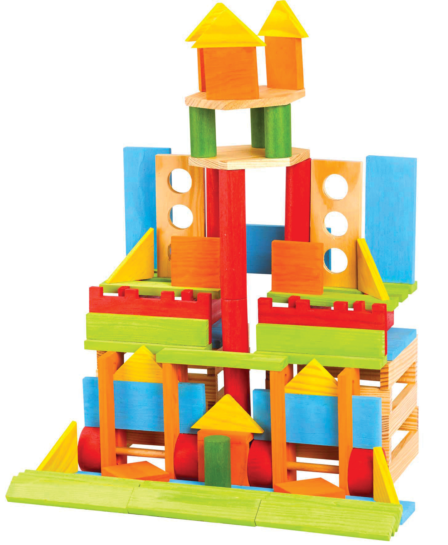 Una struttura colorata di blocchi di legno. Presenta blocchi rossi, verdi, blu e arancioni disposti in un design simile a un castello.