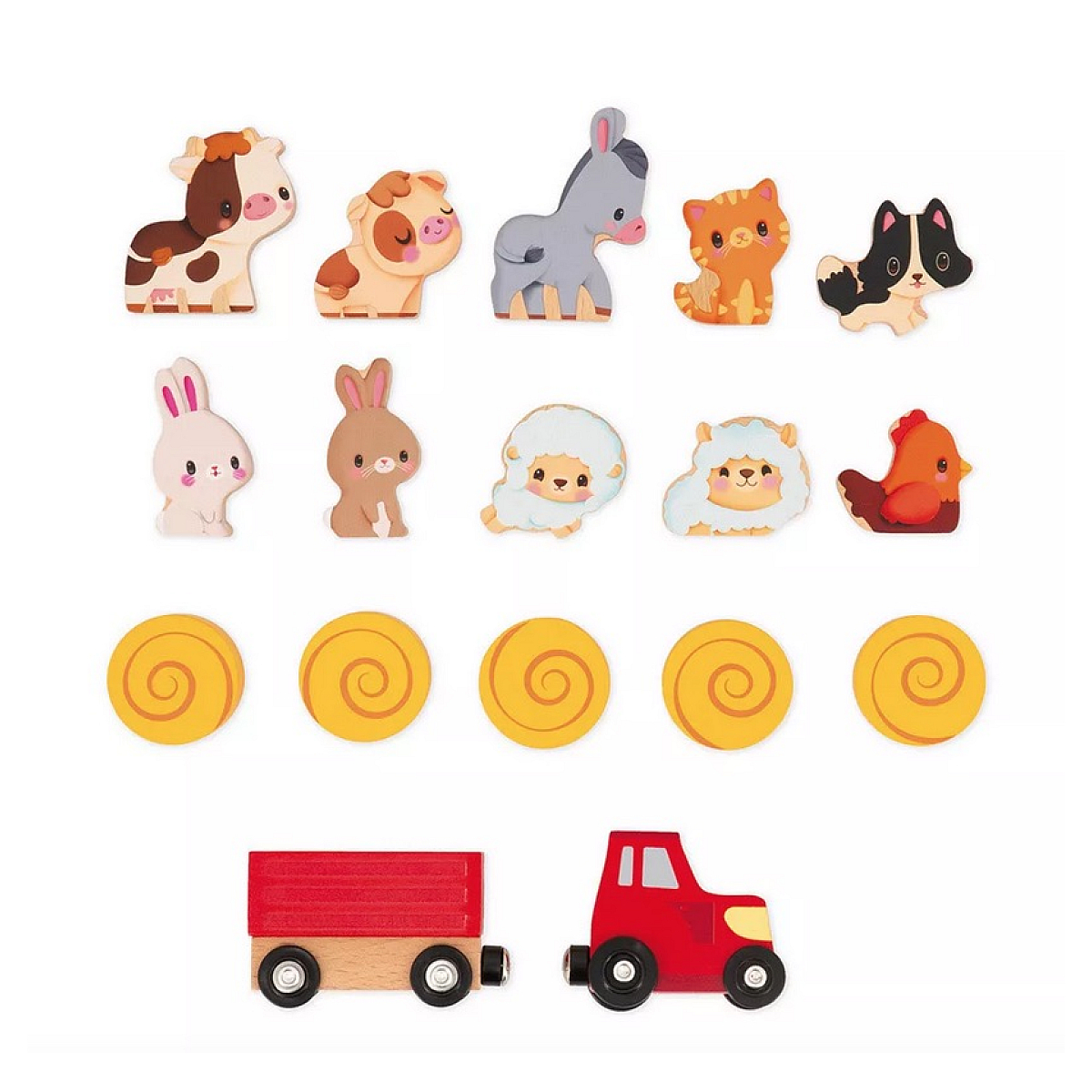 Zabawkowe zwierzęta gospodarskie: krowa, świnia, osioł, kot, pies, królik, owca, kurczak, bele siana i czerwona ciężarówka.