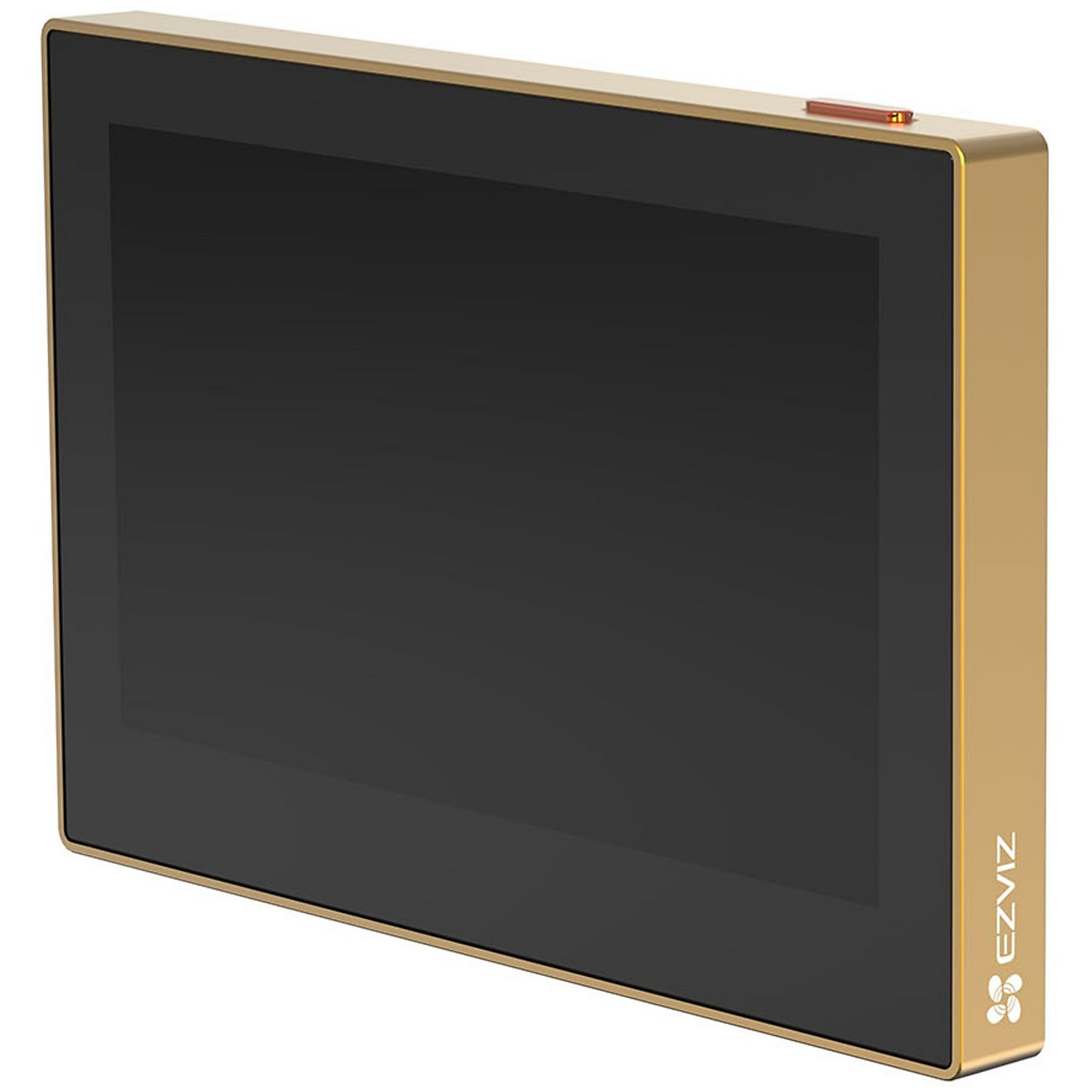 Złoty cyfrowy ekran wizjera drzwiowego z czarną obwódką i przyciskiem sterowania. Ekran jest pusty.