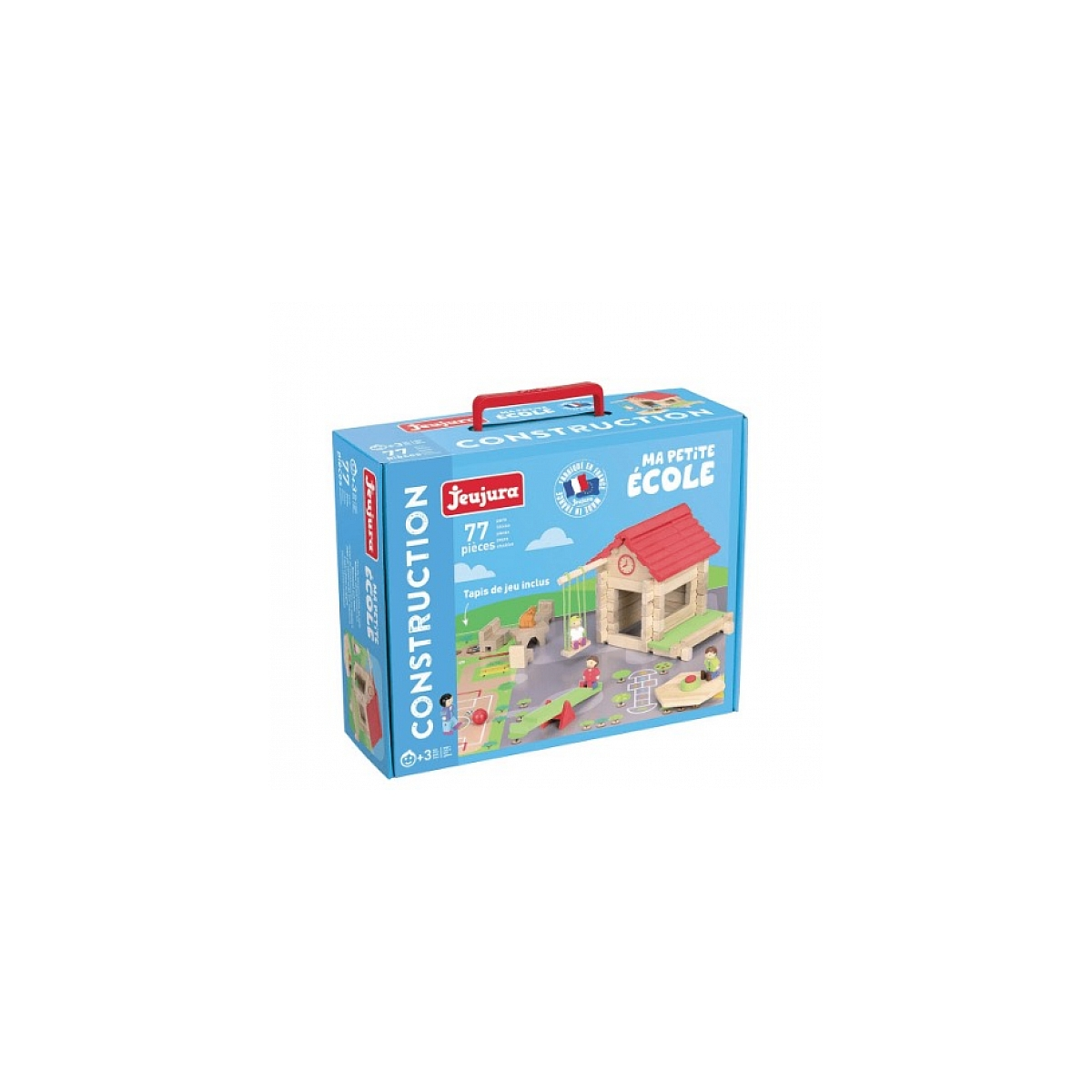 Set di giocattoli da costruzione con una casa, figure e accessori. La scatola ha una scena scolastica.