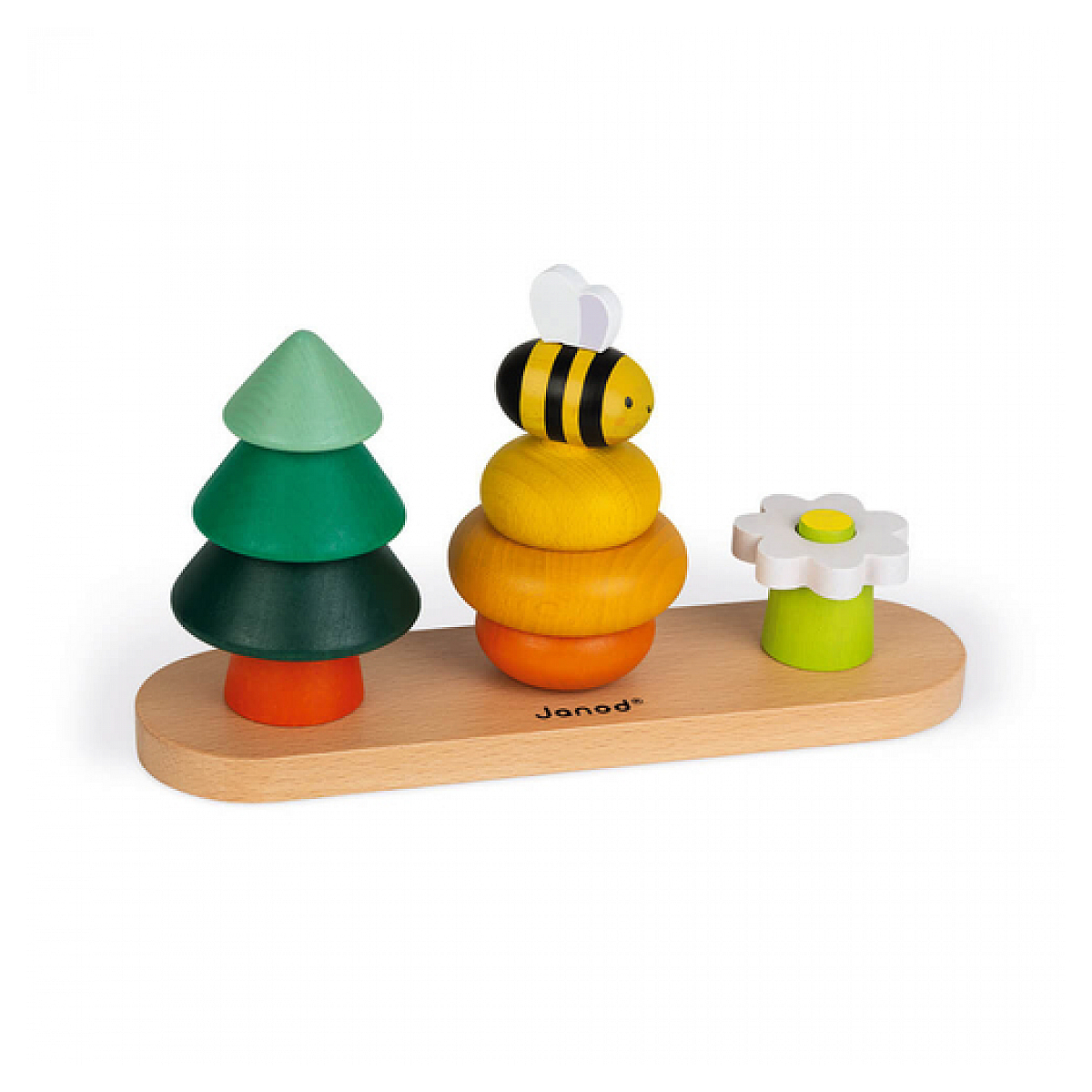 Giocattolo impilabile in legno con un albero, un'ape e un fiore su una base di legno. Sfondo bianco.