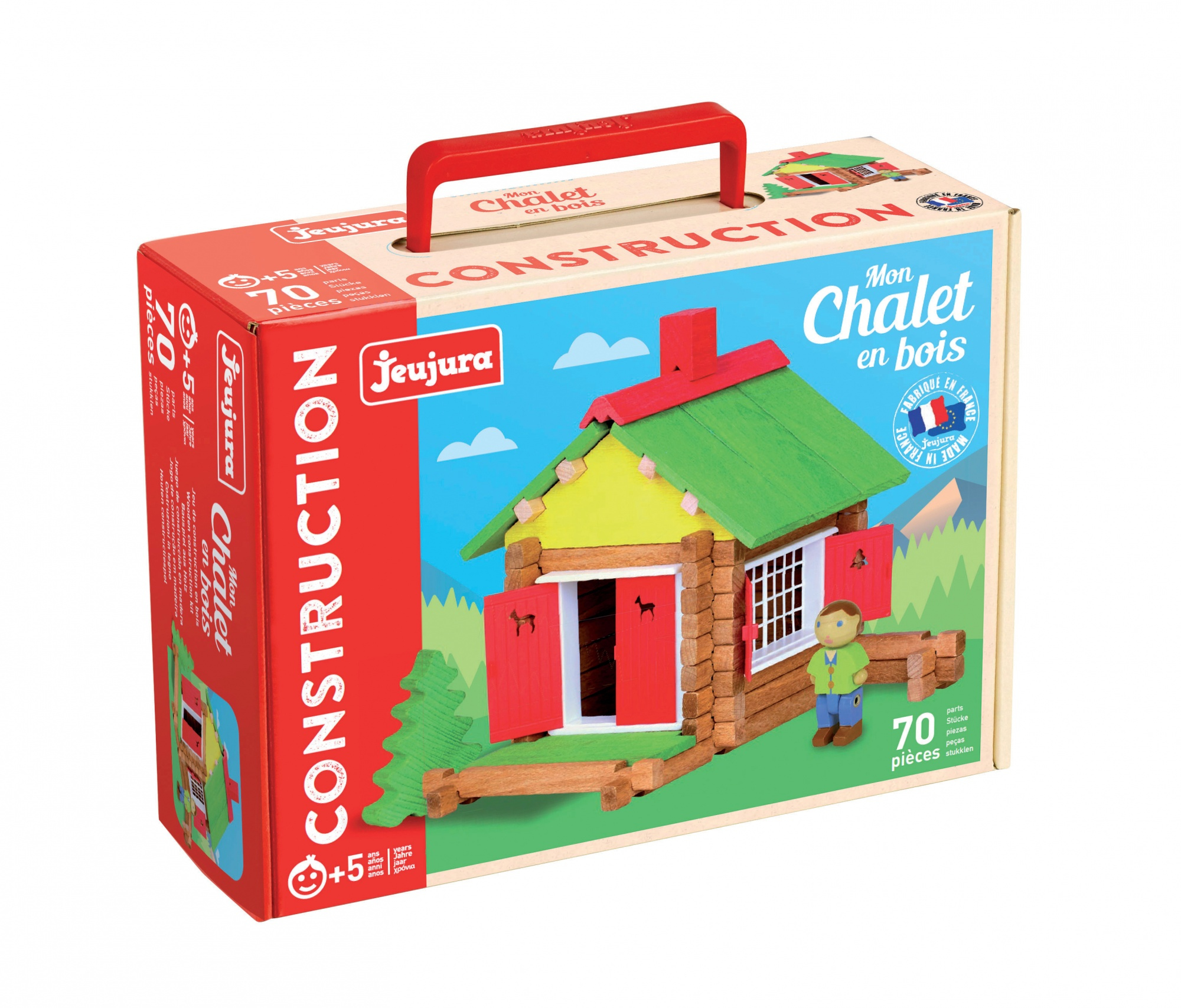 Una scatola di giocattoli da costruzione di una casa con tetto rosso e tetto verde. 'Mon Chalet en bois' stampato.