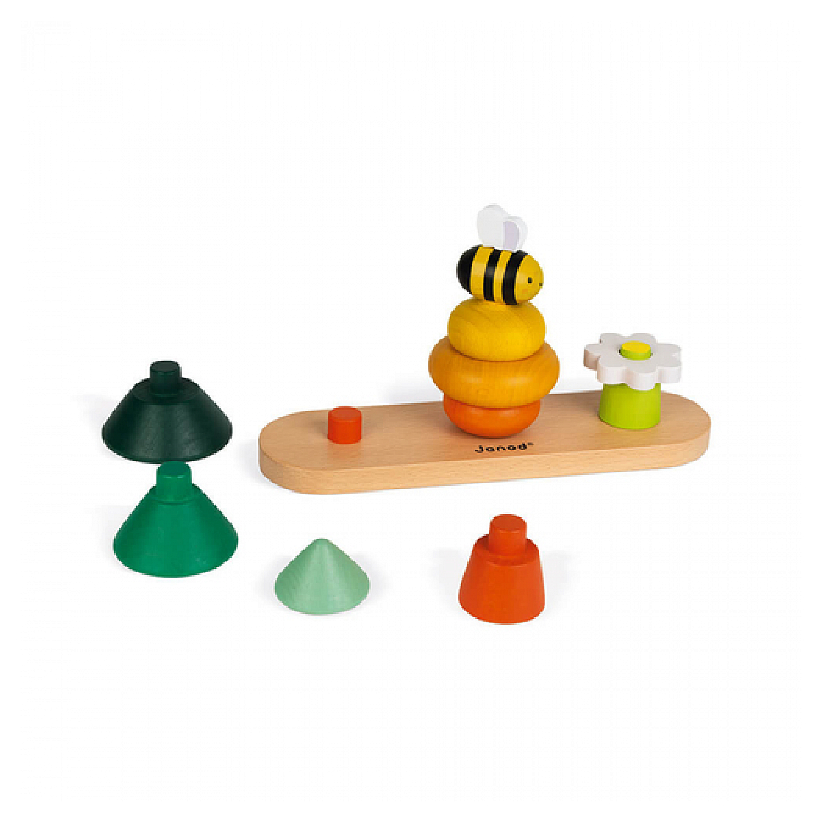 Giocattolo impilabile in legno con ape, fiore e forme geometriche.
