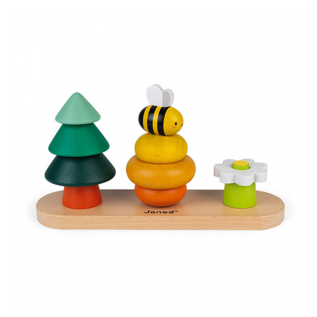 Giocattolo impilabile in legno con albero, ape su anelli e fiore. Tutto su base in legno.