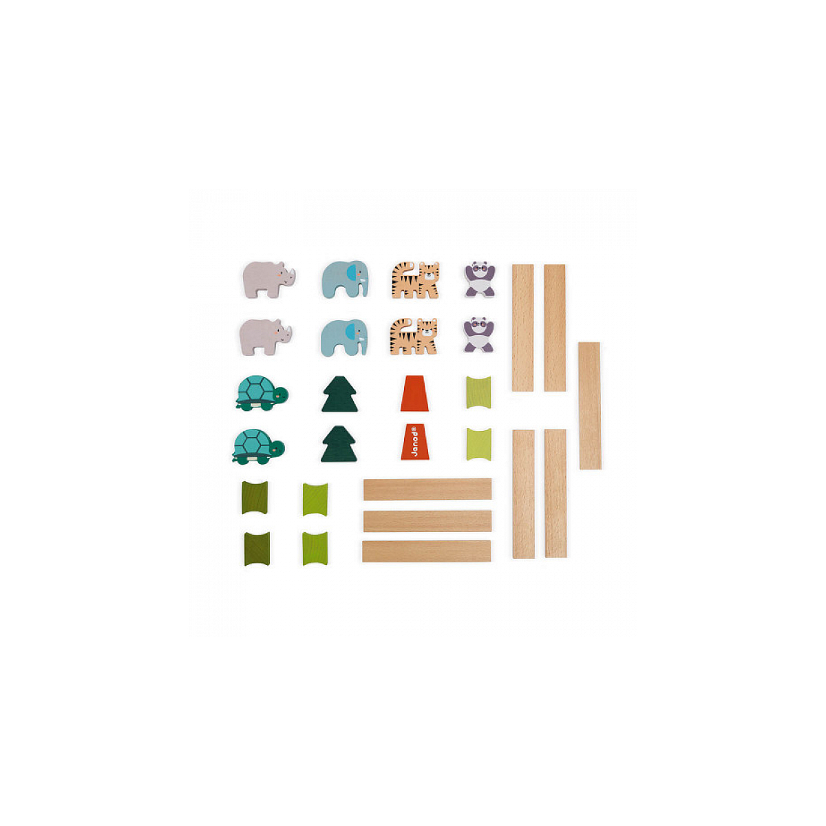 Ensemble de jouets en bois avec des animaux et des blocs de construction. Comprend des rhinocéros, des éléphants et des tigres.