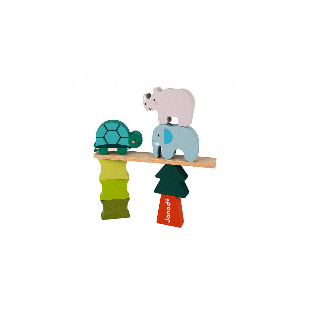 Jeu d'empilage en bois avec une tortue, un éléphant et un rhinocéros sur une poutre.