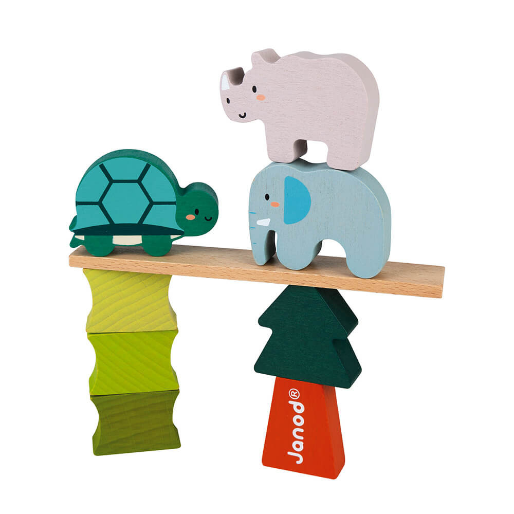Jouet empilable en bois. Tortue, éléphant, rhinocéros sur une poutre et des blocs.