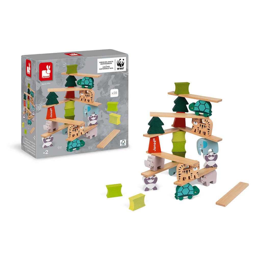 Jeu d'empilage d'animaux en bois avec animaux et blocs colorés, près de la boîte.