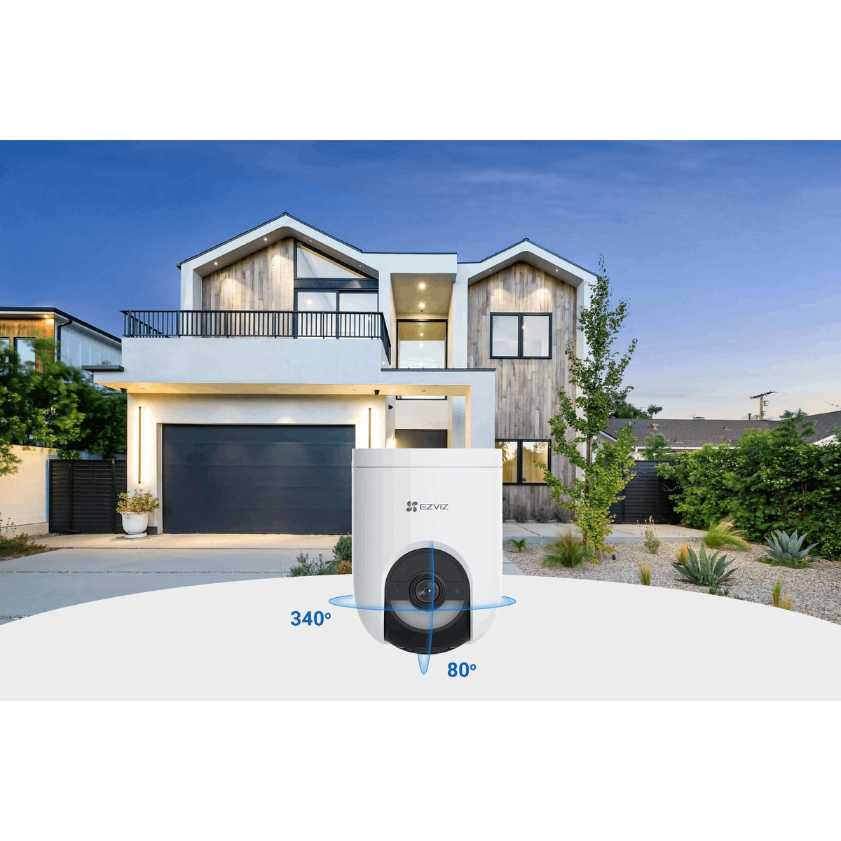 Biała kamera bezpieczeństwa na domu. Pokazuje widok 340 stopni i 80 stopni.