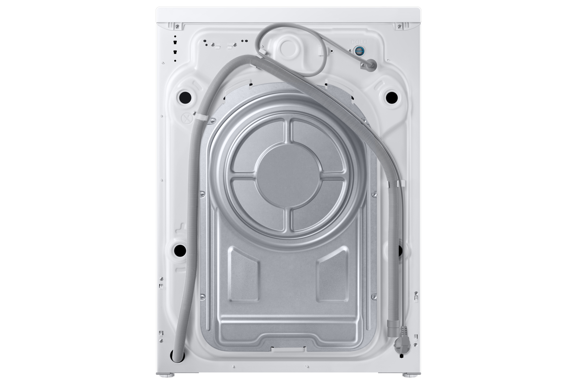 Arrière d'une machine à laver blanche avec tuyaux et panneau arrière en métal argenté. Fond blanc.
