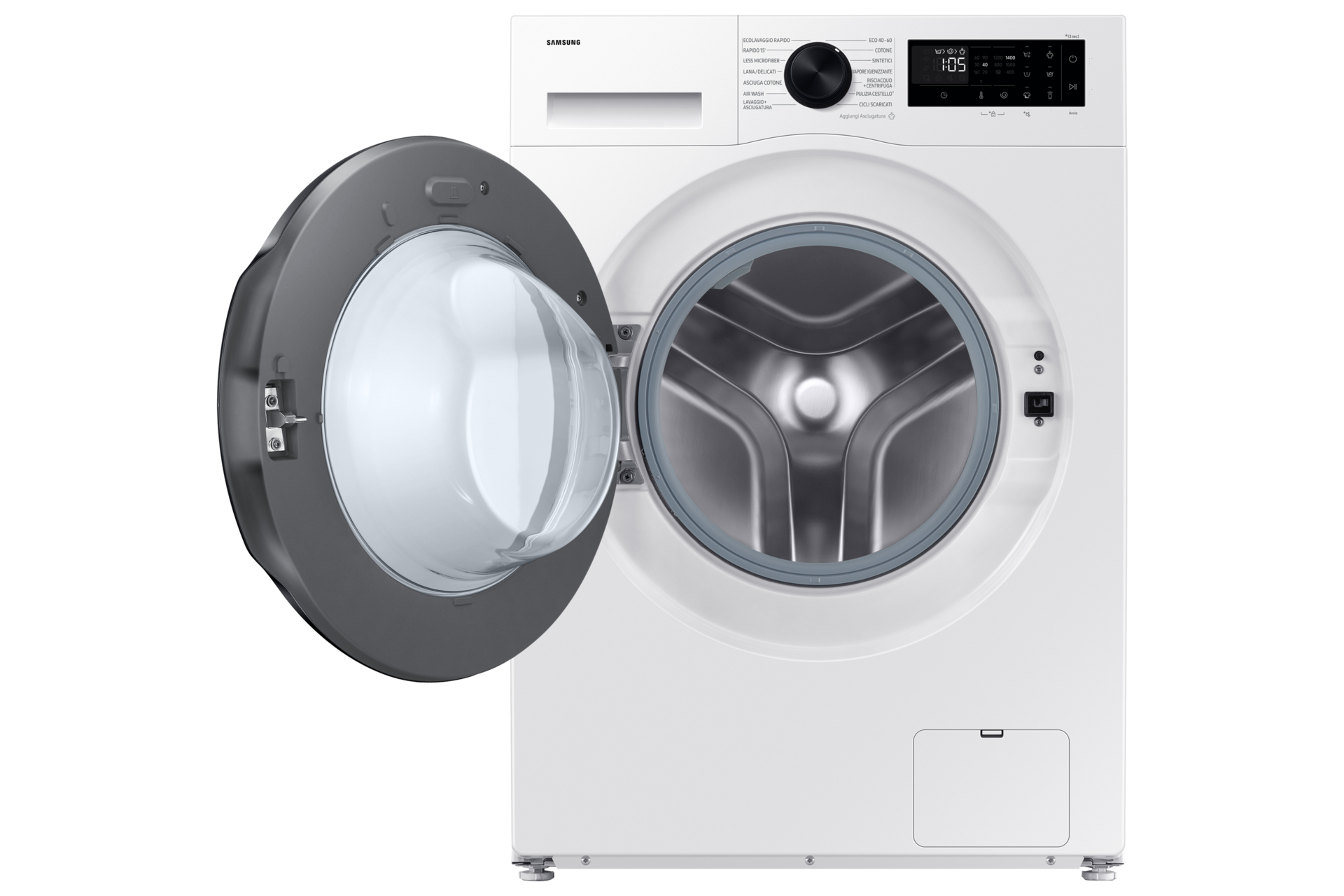 Lave-linge Samsung blanc avec porte ouverte. Panneau de contrôle en haut. La porte est ouverte.