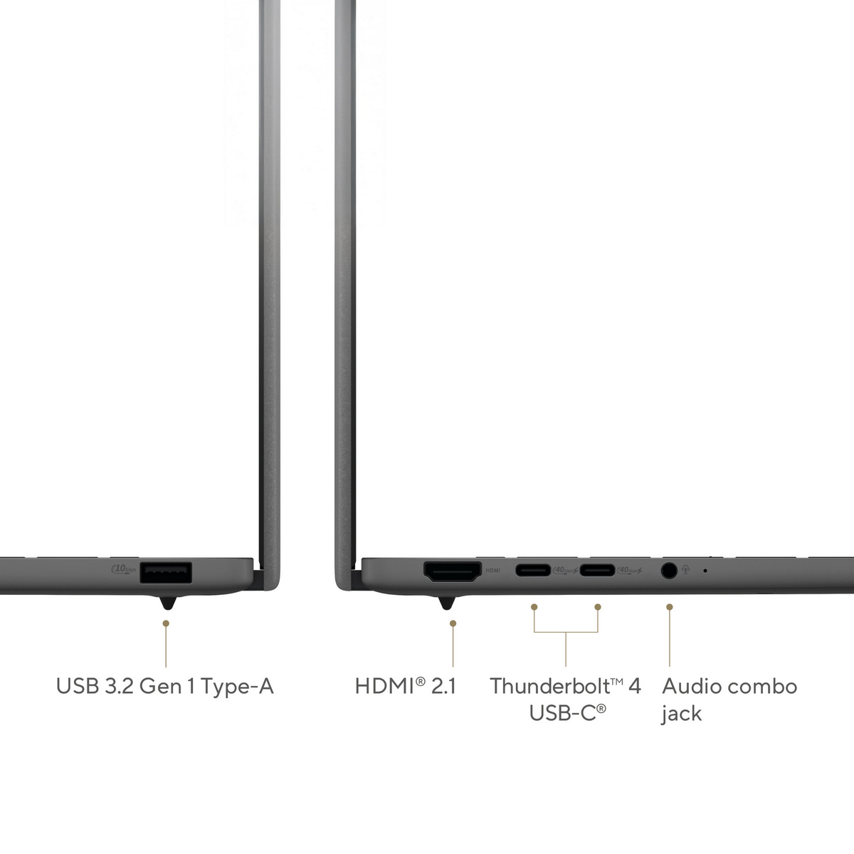 Primer plano de puertos de portátil: USB, HDMI, Thunderbolt y conector de audio. Etiquetas claras.