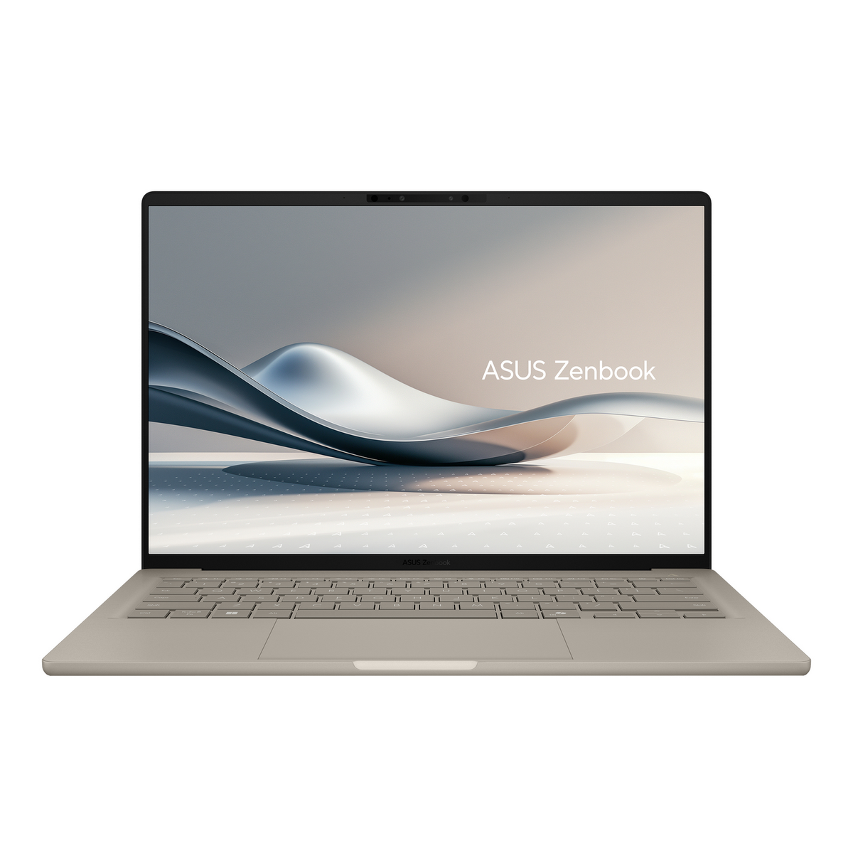 Una computadora portátil Asus Zenbook plateada está abierta, mostrando un fondo claro con el logotipo de Asus Zenbook.