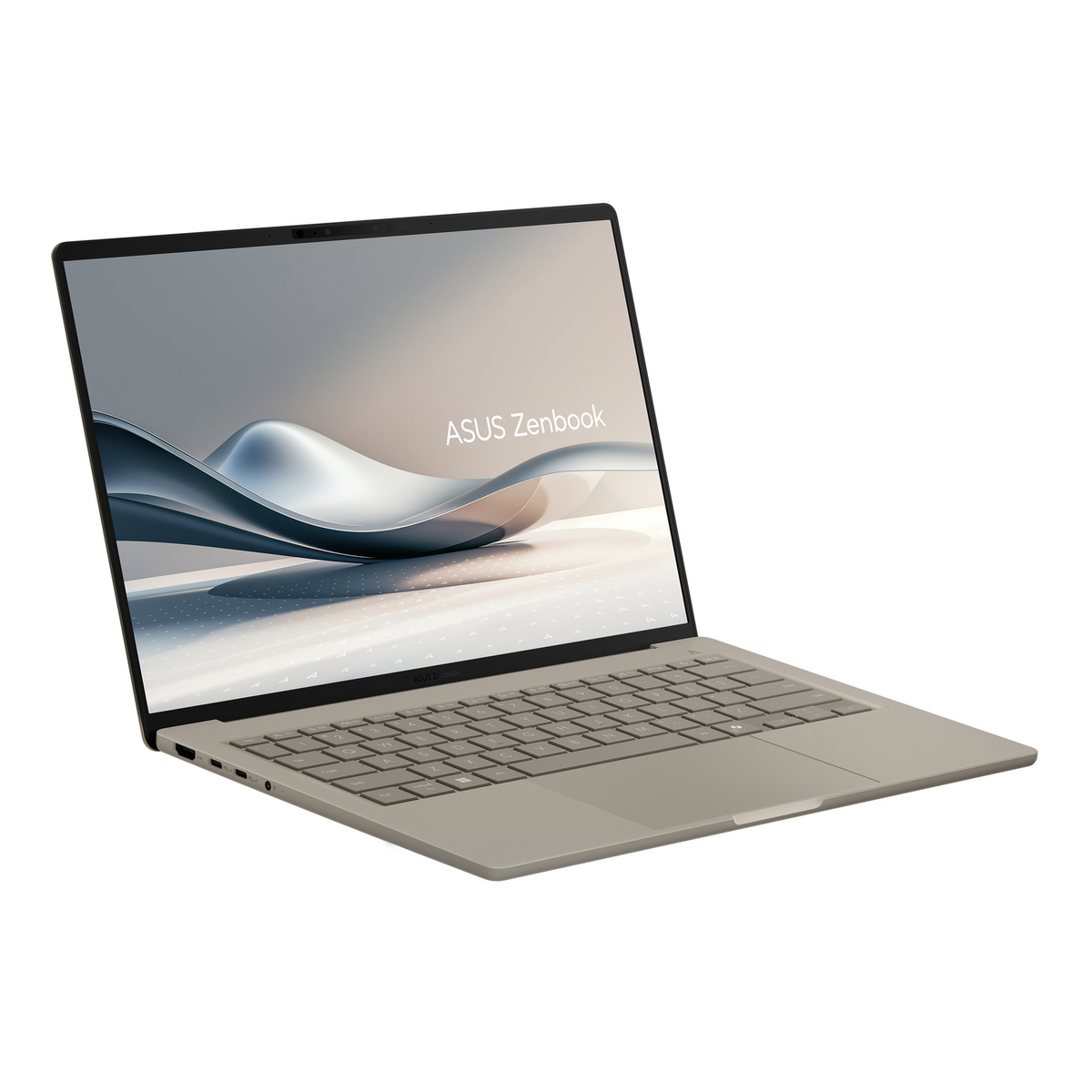 Un portátil ASUS Zenbook en color claro, abierto, sobre fondo blanco.