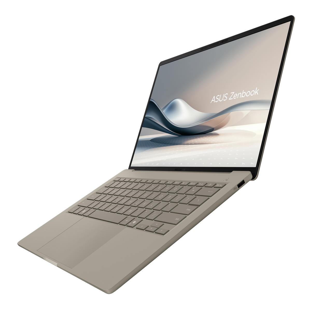 Una laptop plateada está abierta, mostrando una pantalla con un diseño ondulado. El teclado está a la vista.