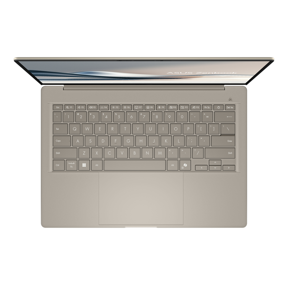 Vista desde arriba de un portátil ASUS Zenbook gris, abierto. El teclado es visible, con teclas y un panel táctil.
