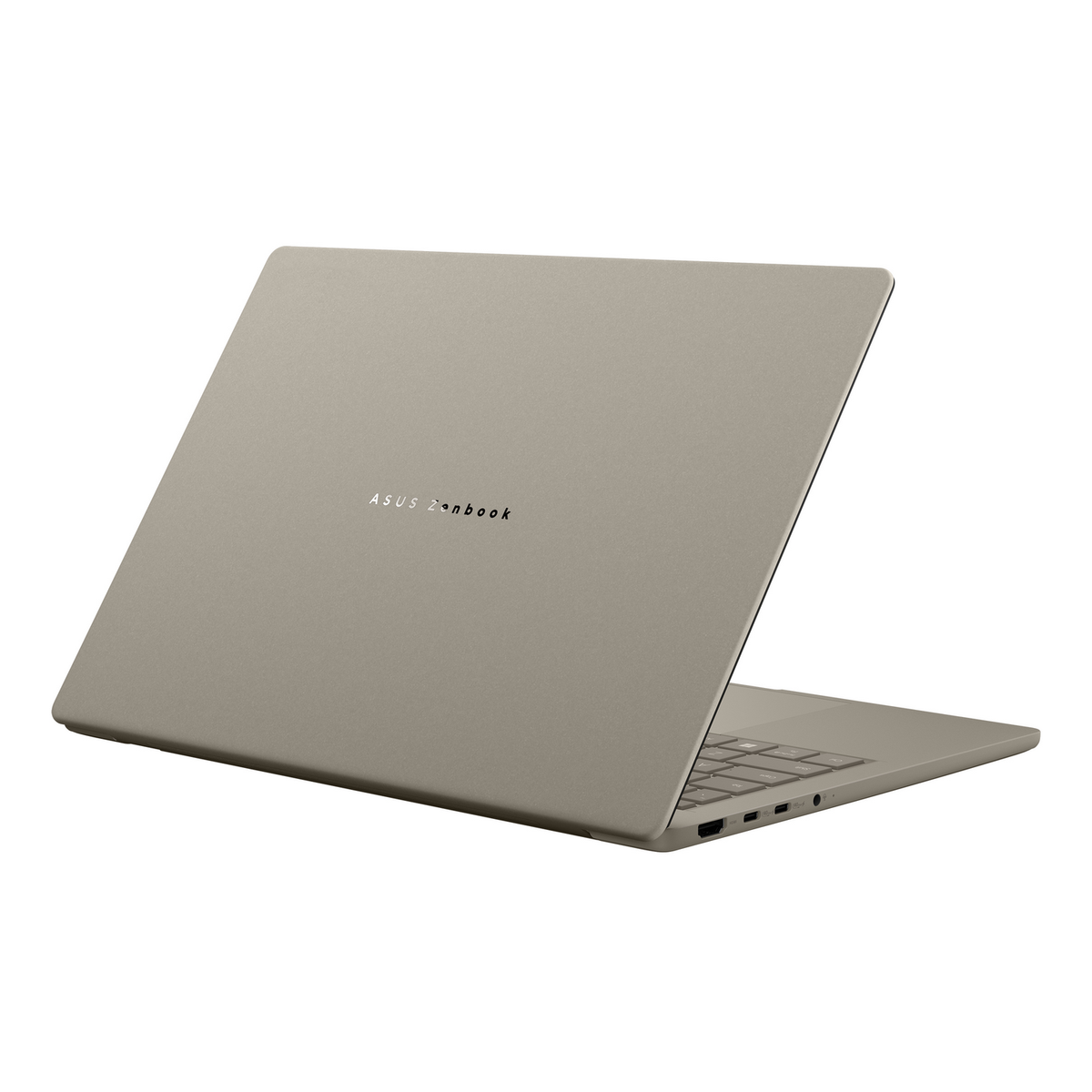 Laptop Asus Zenbook, mostrando la parte trasera con el logo, abierto en ángulo.