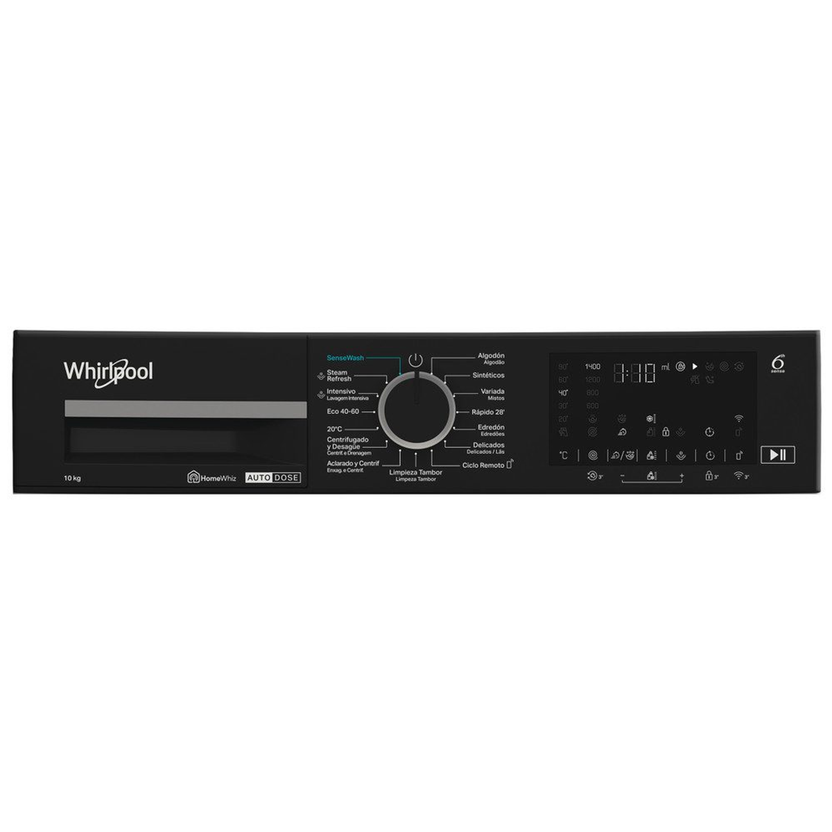 Czarny panel sterowania pralki Whirlpool. Przyciski i wyświetlacz. Białe tło.
